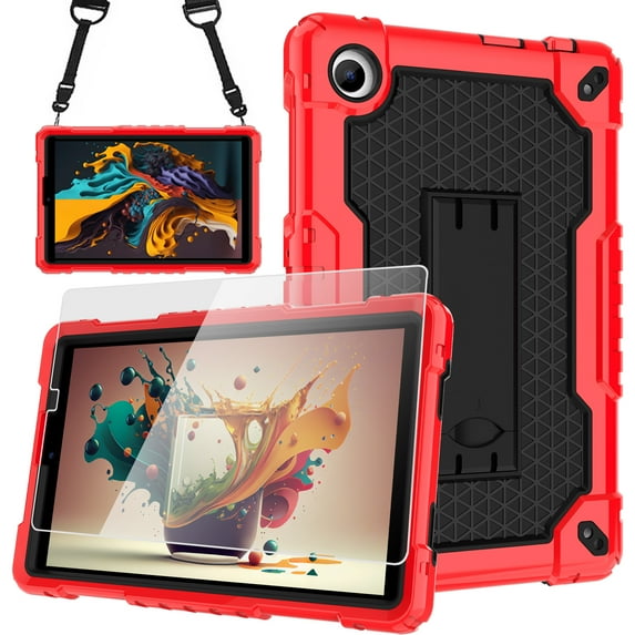 SOATUTO for TCL Tab 8V / Tab 8 SE (6048E) Tablet Case Shockproof Case Come with Tempered Glass Screen Protector Kids Friendly Case with Shoulder Strap (Red+Black/1 Pcs)
