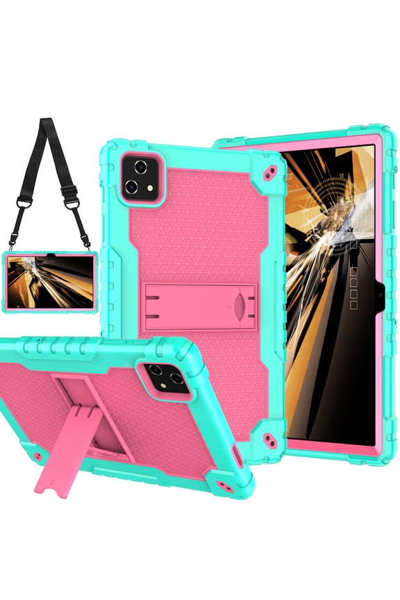Tablet Case for T-Mobile Revvl Tab 5G 2023 Released Heavy Duty Protective Cover with Kickstand Built in Shoulder Strap Kids Friendly Shell Case Fit for T-Mobile Revvl Tab 5G - Green+Pink