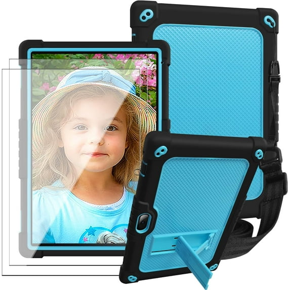 SOATUTO for Vankyo MatrixPad S10 Tab Case Shockproof Kids Friendly Case Built Stand Shoulder Strap with Screen Protector for ZZB zb10 zb01/Aoyodkg A38/Coopers YQ10S 10.1 in Tablet (Black+Blue/2 Pcs)