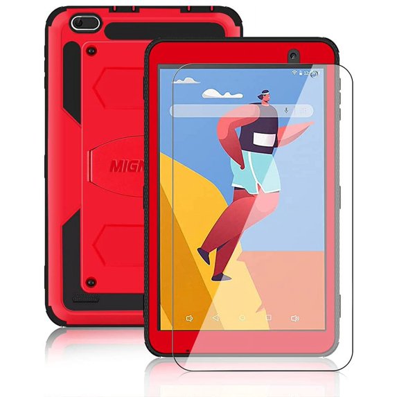 SOATUTO for Vankyo S8 Drangon Touch Y80 Tab Case with Screen Protector Rugged Hybrid Case Built-in Stand with Tempered Galass Film for Winnovo M8/TECLAST P80H P80X Mix Qlink Scepter 8"-Red+1 Pcs