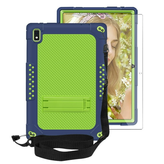 SOATUTO for Vastking KingPad K10 Pro Tablet Case Hybrid Shockproof Kids Friendly Built in Kickstand Shoulder Strap Case with for Vastking KingPad K10 Pro HD Tempered Glass Film - Navy+Green/1 Pcs