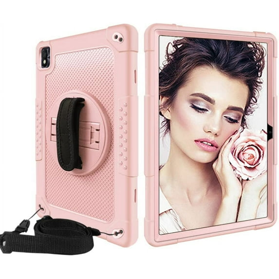 SOATUTO for Vastking KingPad M10 Tablet Case with 360 Rotating Kickstand / Shoulder and Hand Strap Hybrid Shockproof Kids Friendly Case for Nokia T20/T21/TCL Tab Pro 5G 9198S 10.36 inch - Rose Gold