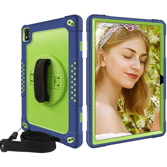 SOATUTO for Vastking KingPad M10 Tablet Case with 360 Rotating Kickstand / Shoulder and Hand Strap Hybrid Shockproof Kids Friendly Case for Nokia T20/T21/TCL Tab Pro 5G 9198S 10.36 inch - Navy+Green