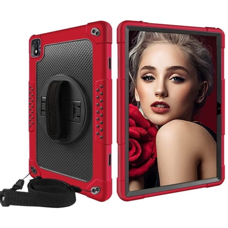 SOATUTO for Vastking KingPad M10 Tablet Case with 360 Rotating Kickstand / Shoulder and Hand Strap Hybrid Shockproof Kids Friendly Case for Nokia T20/T21/TCL Tab Pro 5G 9198S 10.36 inch - Red+Black