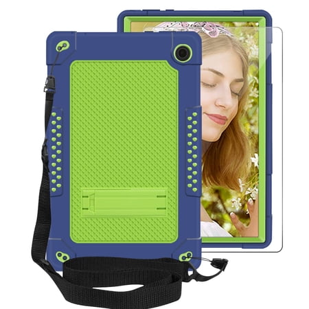 SOATUTO for Walmart Onn 11.6 Pro Tab Case ; for Walmart Onn 11.6 Pro Model 100043279 Heavy Duty Case with Kickstand / Shoulder Strap With HD Tempered Glass Screen Protector - Navy+Green/1 Pcs