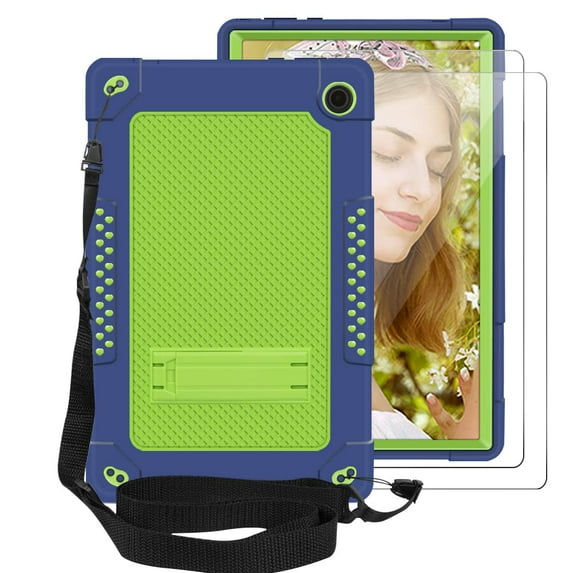 SOATUTO for Walmart Onn 11.6 Pro Tab Case ; for Walmart Onn 11.6 Pro Model 100043279 Heavy Duty Case with Kickstand / Shoulder Strap With HD Tempered Glass Screen Protector - Navy+Green/2 Pcs
