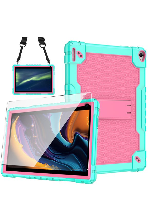 for YQSAVIOR Tab CP10 10.1" Coopers Tab CP10 / Hottablet hot CP10 Heavy Duty Case with Tempered Glass Screen Protector Built in Shoulder Strap Kickstand Hybrid Armor - Green+Pink/1 Pcs