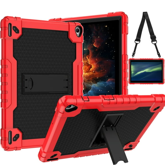 SOATUTO for YQSAVIOR Tab CP10 10.1" / Coopers Tab CP10 10.1 inch Heavy Duty Case Built in Shoulder Strap Kickstand Soft Silicone Hard Back Hybrid Armor Protective for Hottablet Hot CP10 - Red+Black