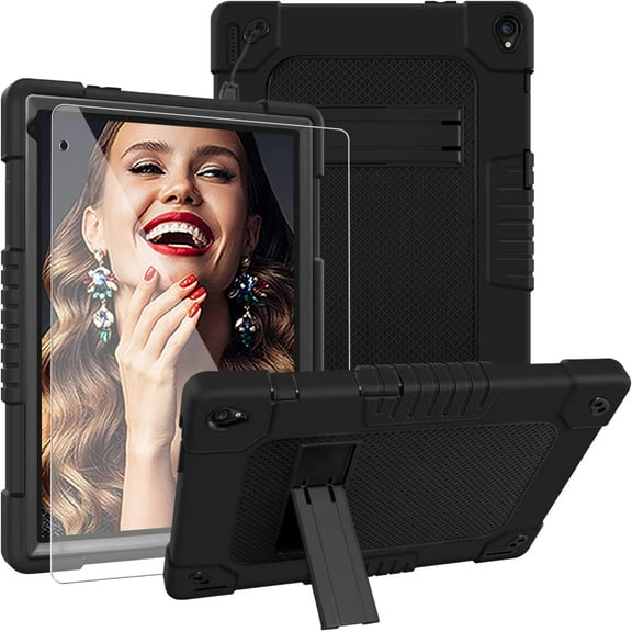 SOATUTO for YQSAVIOR Tab CP10 10.1" Coopers Tab CP10 / Hottablet hot CP10 Heavy Duty Case with Tempered Glass Screen Protector Built in Shoulder Strap Kickstand Hybrid Armor - Black+Black/1 Pcs