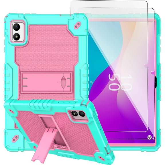 SOATUTO case for ApoloMedia EM101A/TWTNVOF EM101A/Digiland DL1050 10.1 inch Tablet with Shoulder Strap Hard Back Hybrid Shockproof Kids Friendly Case (Green/Pink+2PCS Glass)