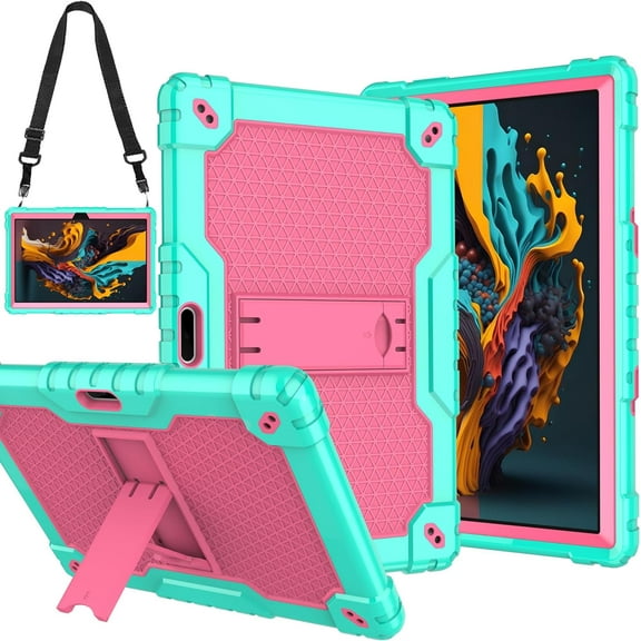 SOATUTO case for Dragon Touch Notepad K10, MAX10 Plus Case, Built in Stand Shoulder Strap for FEONAL K118 K101 Veidoo T80 Plus 10.1 inches Tablet (Green/Pink)