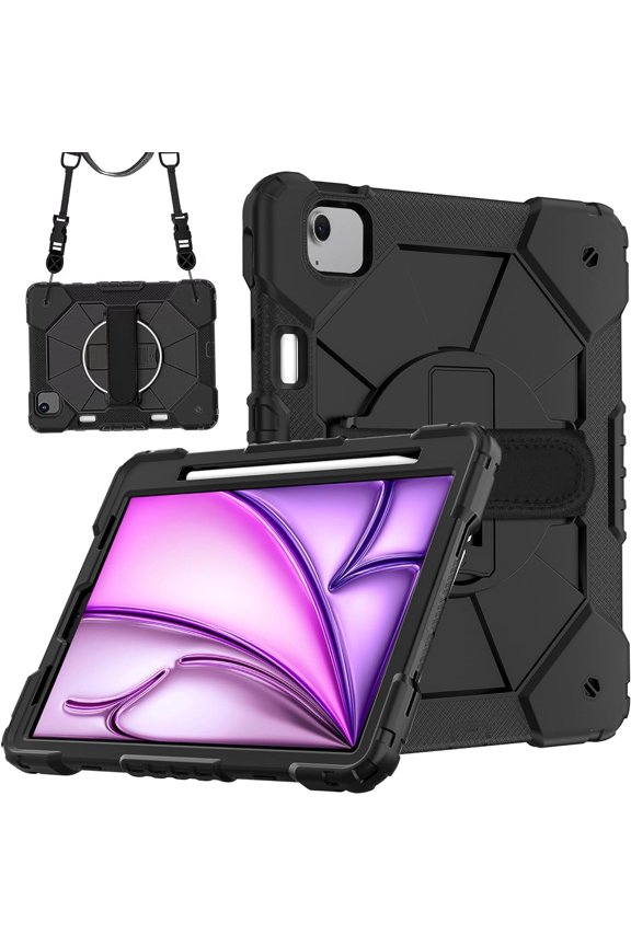 for iPad Air 11 Inch M3 M2 2025 2024 - Rugged Shockproof Cover with 360° Rotating Stand, Pencil Holder, Hand/Shoulder Strap (Black/Black)