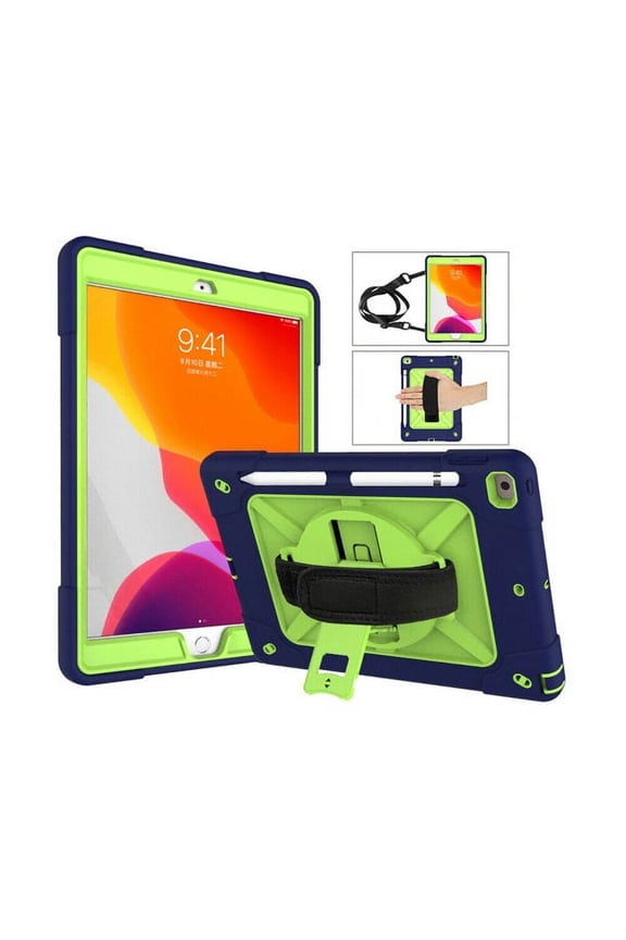 For iPad 9th 2021 Case Hybrid Shockproof Rugged Protection Cover with 360 Degree Kickstand/Hand Strap and Carrying Shoulder Strap For Apple iPad 9th 8th 7th Generation 10.2 inch -Navy+Green