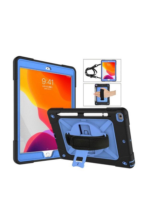 For iPad 9th 2021 Case Hybrid Shockproof Rugged Protection Cover with 360 Degree Kickstand/Hand Strap and Carrying Shoulder Strap For Apple iPad 9th 8th 7th Generation 10.2 inch -Black+Blue