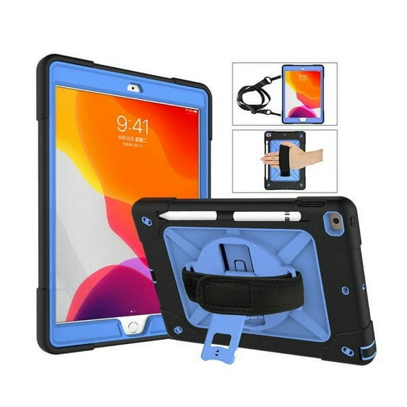 SOATUTO For iPad 9th 2021 Case Hybrid Shockproof Rugged Protection Cover with 360 Degree Kickstand/Hand Strap and Carrying Shoulder Strap For Apple iPad 9th 8th 7th Generation 10.2 inch -Black+Blue