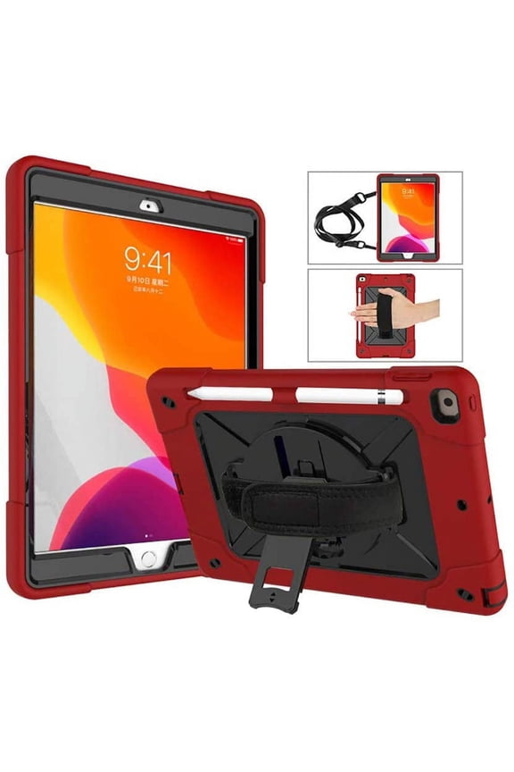 For iPad 9th 2021 Case Hybrid Shockproof Rugged Protection Cover with 360 Degree Kickstand/Hand Strap and Carrying Shoulder Strap For Apple iPad 9th 8th 7th Generation 10.2 inch -Red+Black