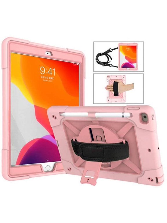 For iPad 9th 2021 Case Hybrid Shockproof Rugged Protection Cover with 360 Degree Kickstand/Hand Strap and Carrying Shoulder Strap For Apple iPad 9th 8th 7th Generation 10.2 inch -Rose Gold