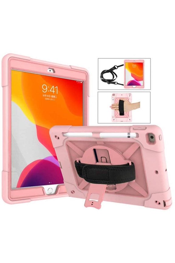 For iPad 9th 2021 Case Hybrid Shockproof Rugged Protection Cover with 360 Degree Kickstand/Hand Strap and Carrying Shoulder Strap For Apple iPad 9th 8th 7th Generation 10.2 inch -Rose Gold