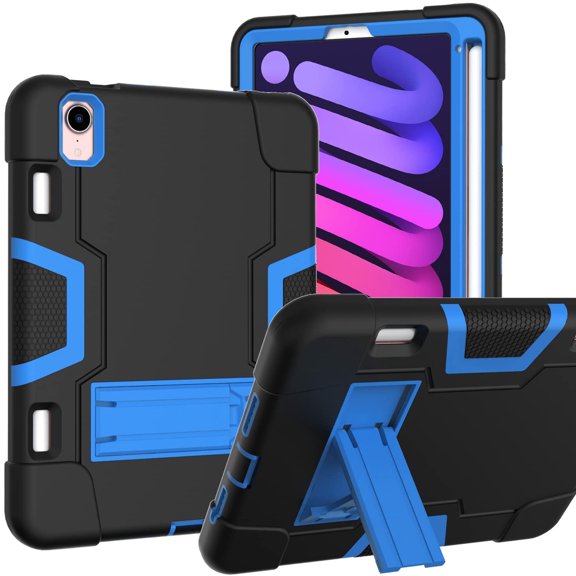 SOATUTO for iPad Mini 7 (A17 Pro) 2024/ Mini 6 8.3'' Shockproof Kids Friendly Sturdy Armmor Shell Case Built-in Kickstand Pencil Holder for iPad Mini 7th/6th Generation 8.3"- Black+Blue