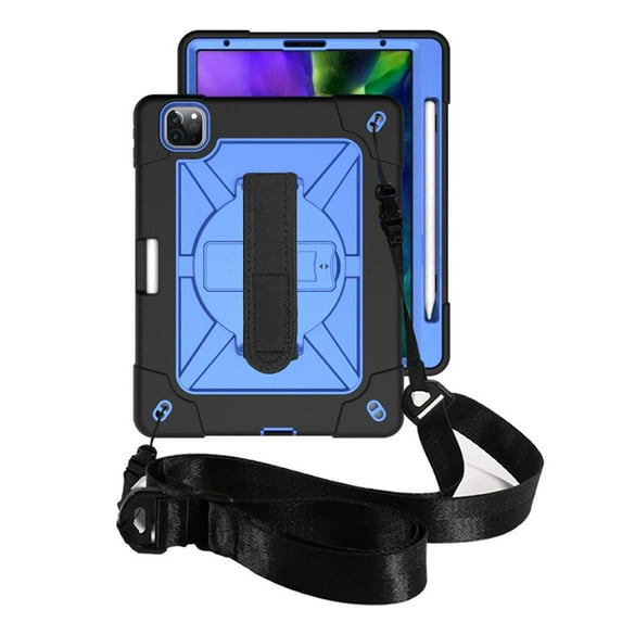 SOATUTO for iPad Pro 11 Tablet Case with Pencil Holder Support Pencil Charging Pairing Hand / Shoulder Strap Kickstand Heavy Duty Shockproof Case for iPad Pro 11 inch 2022 2020 2018 - Black+Blue