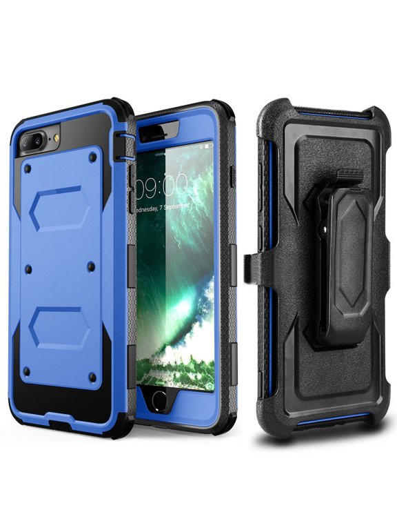 For iPhone 8 Plus / iPhone 7 Plus Case Heavy Duty Protective Case with Kickstand, Built in Screen Protector and Belt Swivel Clip for Apple iPhone 8 Plus / iPhone 7 Plus 5.5 inch (Blue)