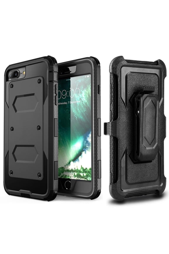 For iPhone 8 Plus / iPhone 7 Plus Case Heavy Duty Protective Case with Kickstand Built in Screen Protector and Belt Swivel Clip for Apple iPhone 8 Plus / iPhone 7 Plus 5.5 inch (Black)