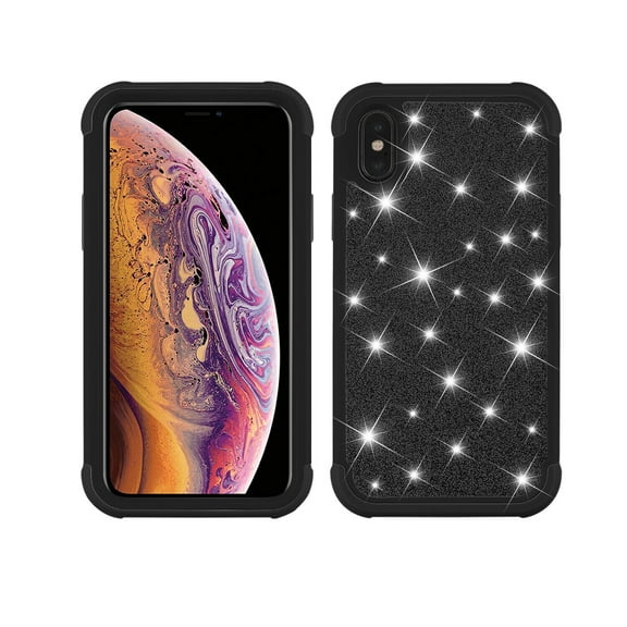 SOATUTO For iPhone X Phone Case, Cute Shockproof Glitter Sparkle Bling Silicone PC Hybrid Armor Phone Case Cover for Apple iPhone X/XS 5.8 Inch(Black)