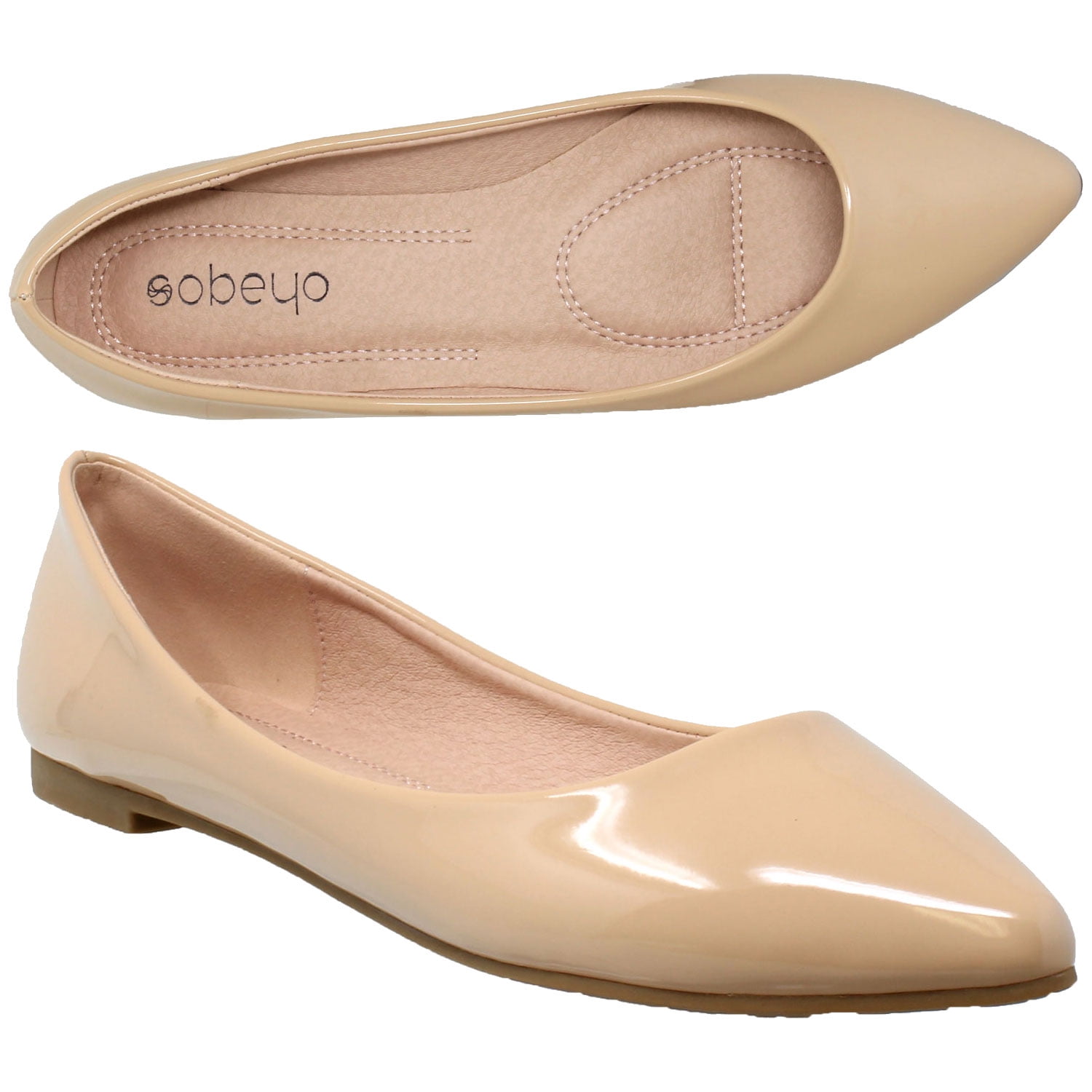 SOBEYO Women s Ballet Flats Patent Leather Pointed Toe Slip On Closed Toe Nude Glossy Size 8