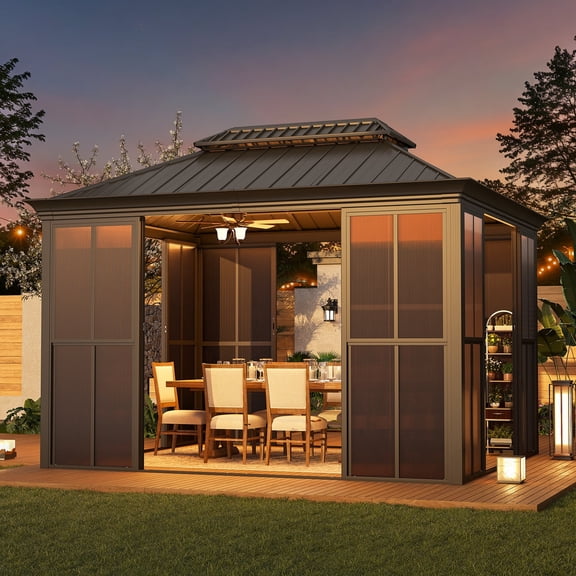 SOBREMESA 10' X 12' Sunroom, Hardtop Gazebo Solarium with Detachable Windows & Light Galvanized Steel Double Roof