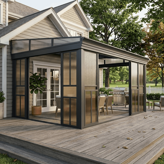 SOBREMESA 10' x 16' Wall Mounted Sunroom Gazebo,All-Season Patio Gazebo Sunroom with Side Door,Outdoor Permanent Sunroom,Grey
