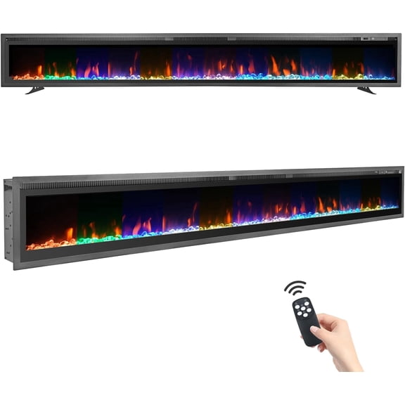 SOBREMESA 100" Electric Fireplace Insert, Recessed & Wall Mounted Linear Fireplace with 12-Color LED Flame, Timer, Remote, 750/1500W