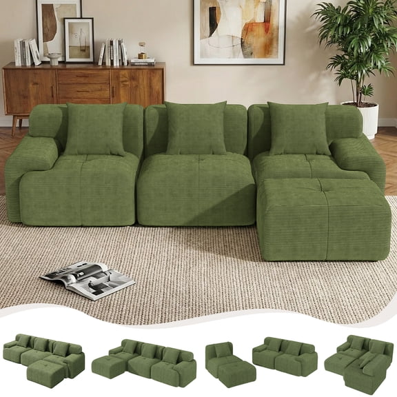 SOBREMESA 104" Modular Cloud Couch with Ottoman, No-Assembly Boneless Sectional Sofa, Deep Seat & Pillows for Small Living Room, Green