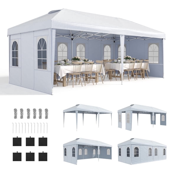 SOBREMESA 10x20 Heavy Duty Pop Up Canopy Tent with 6 Removable Sidewalls, Waterproof UV50+ with Mosquito Netting for Backyard, Party, Wedding & Commercial Use, White