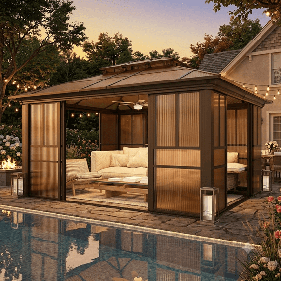 SOBREMESA 12x14 Sunroom Gazebo, Polycarbonate Roof Outdoor Solarium with Sliding Door & Adjustable Window Panels, Enclosed Patio Sunroom with Mesh Screens, Aluminum Frame Backyard Enclosure