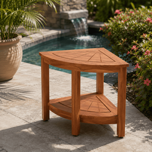 SOBREMESA 16.8" Outdoor Corner Bench with Storage Cabinet, Waterproof Teak-Finish Stool for Patio, Porch, Balcony and Poolside