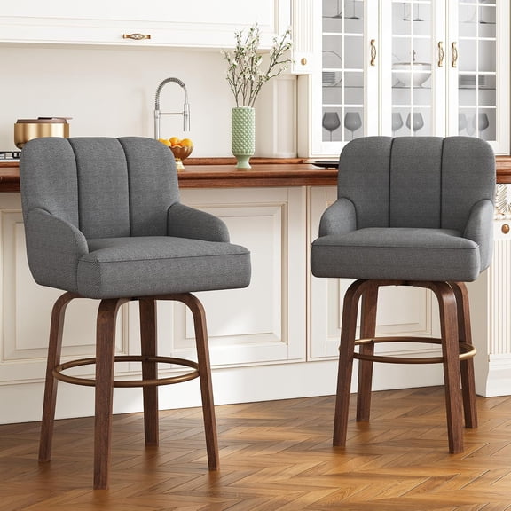 SOBREMESA 26 in. Counter-Height Swivel Bar Stools with Backs and Arms, Upholstered Chenille Kitchen Island Chairs with 360° Swivel, Wood Legs and Metal Footrest, Set of 2, Gray