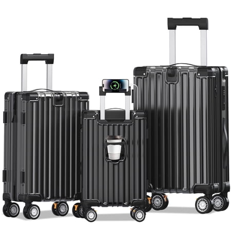 SOBREMESA 3 Piece Hardshell Luggage Set, Lightweight Suitcase with TSA Lock & Double Spinner Wheels, Expandable ABS+PC Travel Luggage for Women and Men, Black