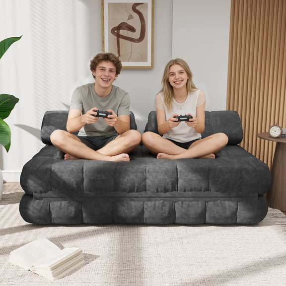 SOBREMESA 3-in-1 Convertible Sofa Bed – 59.1" Folding Loveseat Sleeper with Pillows, Velvet Floor Mattress Couch, Portable Fold Out Lounge for Living Room Bedroom, Gray