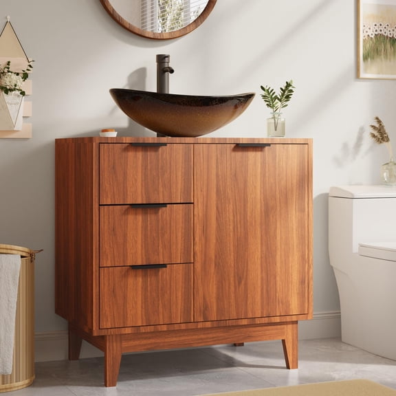 SOBREMESA 30" Bathroom Vanity with Sink Combo, Rustic Cabinet with 2 Doors & Gold Boat Vessel Sink, Standing Pedestal Storage Unit