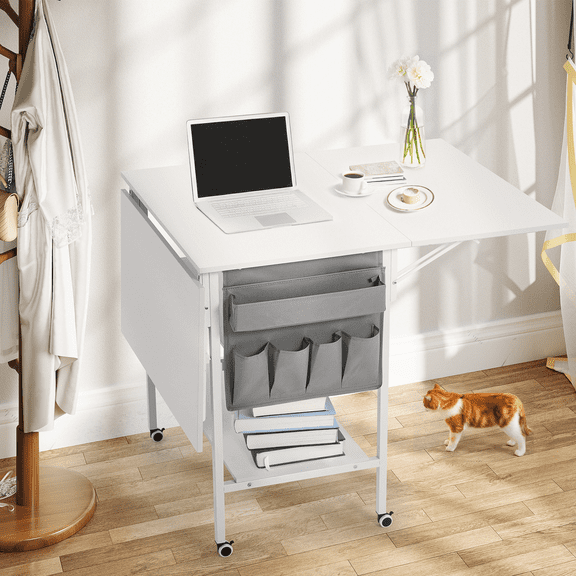 SOBREMESA 36" Sewing Table with Storage Shelves and Bag, Mobile Folding Cutting Table for Large Fabric, Craft Table for Home, Office or Craft Room, Fixed Height
