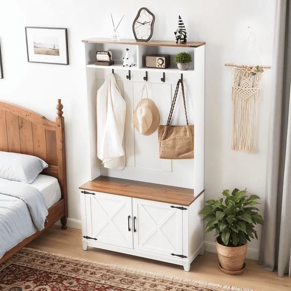 SOBREMESA 38" Farmhouse Hall Tree with Bench, 7 Hooks, Shoe Storage, 2 Open Compartments, Adjustable Shelf & Barn Door, Rustic White/Brown