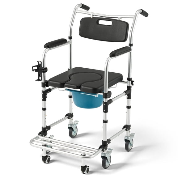 SOBREMESA 4-in-1 Care Chair, Commode Shower & Transport Wheelchair with 4 Locking Wheels, Padded Seat, Detachable Bucket, Flip-Up Footrest, Black