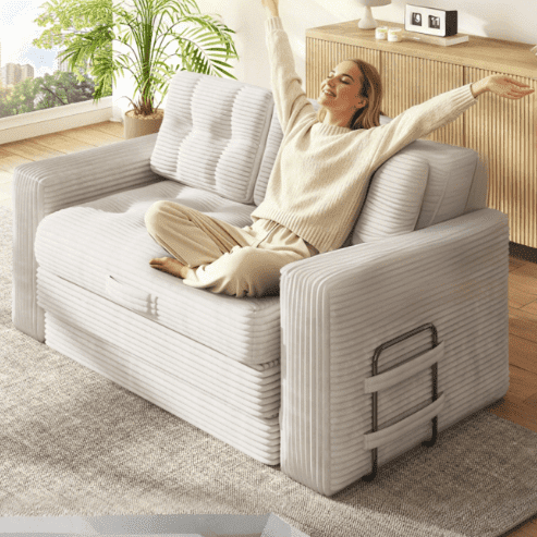 SOBREMESA 56" Boneless Sofa Bed Convertible, Corduroy Loveseat Sleeper with 2 Pillows, Pull Out Futon Couch for Studio Apartment & Dorm, No Assembly Required, Beige