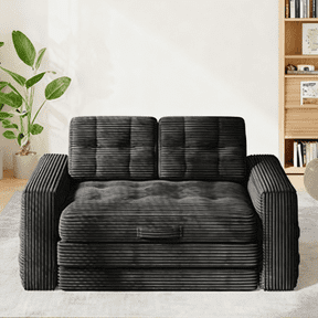 SOBREMESA 56" Boneless Sofa Bed Convertible, Corduroy Loveseat Sleeper with 2 Pillows, Pull Out Futon Couch for Studio Apartment & Dorm, No Assembly Required, Gray