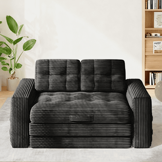 SOBREMESA 56" Boneless Sofa Bed Convertible, Corduroy Loveseat Sleeper with 2 Pillows, Pull Out Futon Couch for Studio Apartment & Dorm, No Assembly Required, Gray