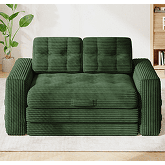 SOBREMESA 56" Boneless Sofa Bed Convertible, Corduroy Loveseat Sleeper with 2 Pillows, Pull Out Futon Couch for Studio Apartment & Dorm, No Assembly Required, Green