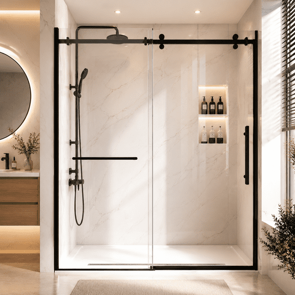 SOBREMESA 60-60.8" W x 76" H Frameless Sliding Shower Door, 1/4" (6mm) Clear Tempered Glass with Explosion-Proof Film and Water Repellent Coating