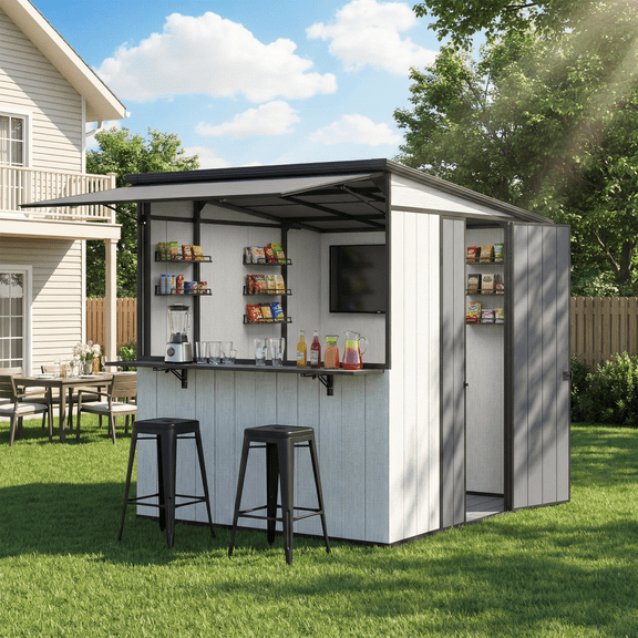 SOBREMESA 7x6ft 2-in-1 Backyard Bar Shed & Outdoor Storage Shed with Floor,All-Weather Shelter with Fold-Down Bar Top & Lockable Door,Gray