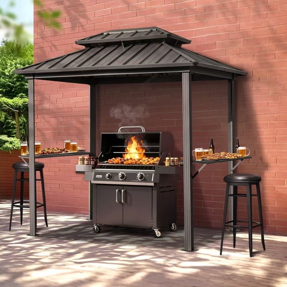 SOBREMESA 8' x 6' Grill Gazebo, Aluminum BBQ Gazebo with Hardtop Double Roof, Outdoor Metal Frame Gazebo with Shelves for Patio, Lawn & Garden