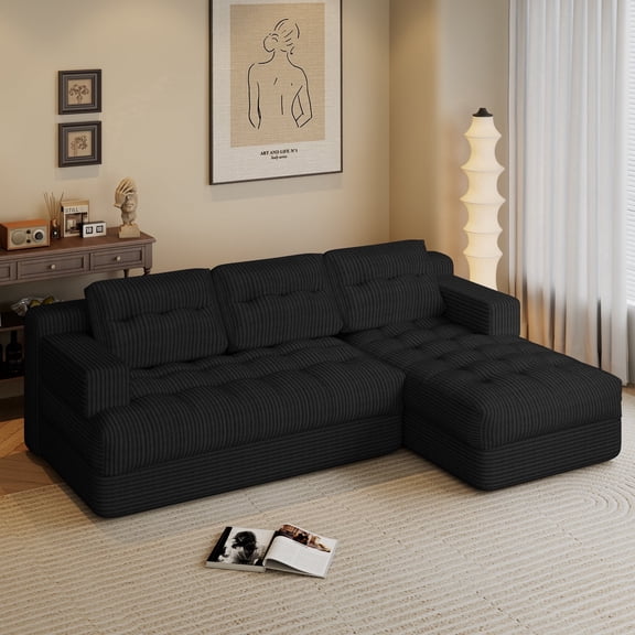 SOBREMESA Boneless Couch, Boneless Sectional Couch with Deep Seat & Chaise for Small Spaces, Upholstered Cloud Couch for Living Room, No Assembly, Right Facing Chaise, Black